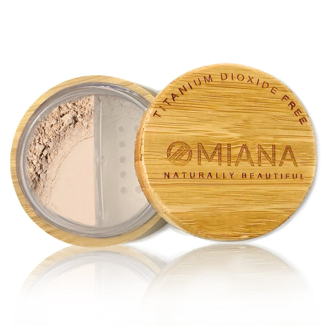 Omiana Loose Powder Mineral Foundation - Without Mica, Titanium Dioxide, & More! in bamboo container with bamboo lid on white background.