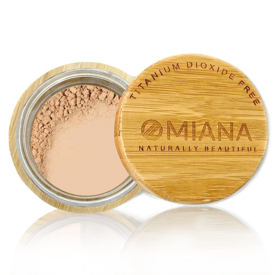Omiana Zen Loose Powder Mineral Foundation - Without Mica, Titanium Dioxide, & More! - swatch on white background