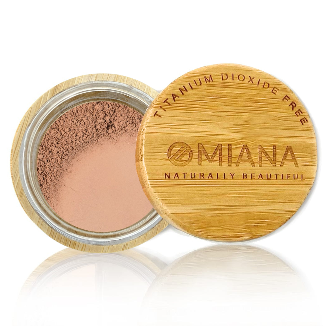 Omiana Pretty Loose Powder Mineral Foundation - Without Mica, Titanium Dioxide, & More! - swatch on white background