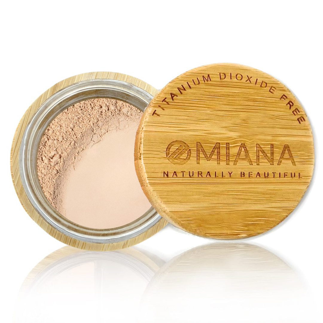 Omiana Comical Loose Powder Mineral Foundation - Without Mica, Titanium Dioxide, & More! - swatch on white background