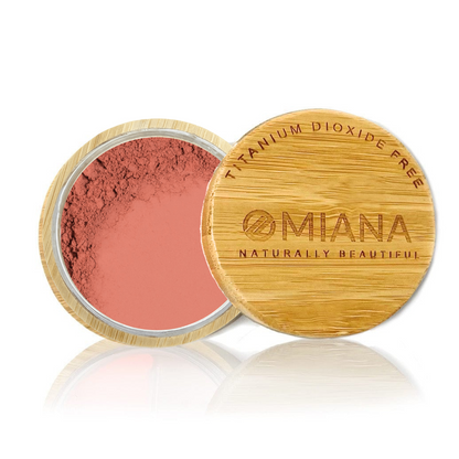 Omiana Loose Powder Mineral Blush Makeup in a bamboo container on a white background