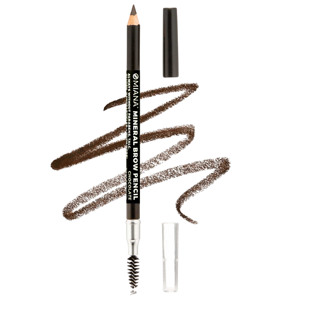 Omiana Mineral Brow Pencil with spoolie brush and chocolate colored swatch - Without Boron Nitride, Paraben-Free, & More!