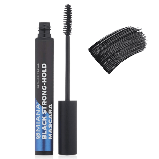 Mineral makeup clean beauty mascara black strong-hold on white background with wand and swatch | Omiana