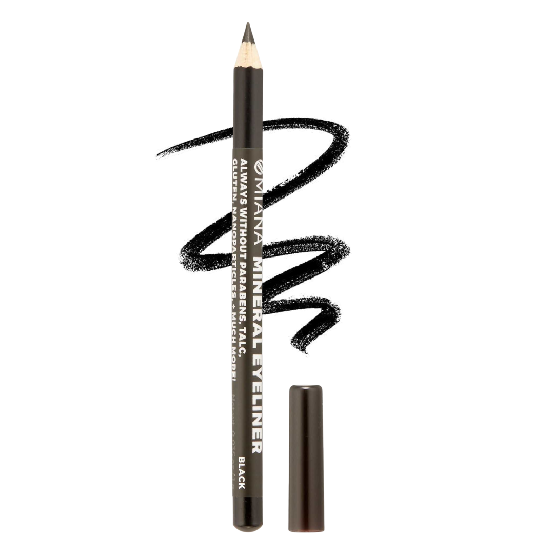 Black mineral makeup eyeliner pencil with a swatch on a white background | Omiana