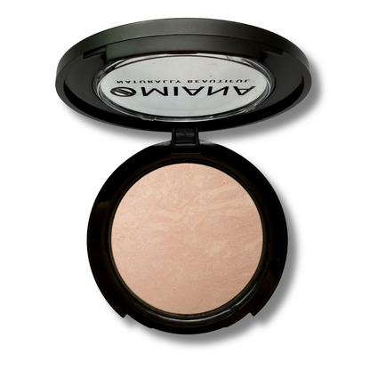 Mineral Makeup compact with beige baked cream powder and visible Omiana brand name on a white background