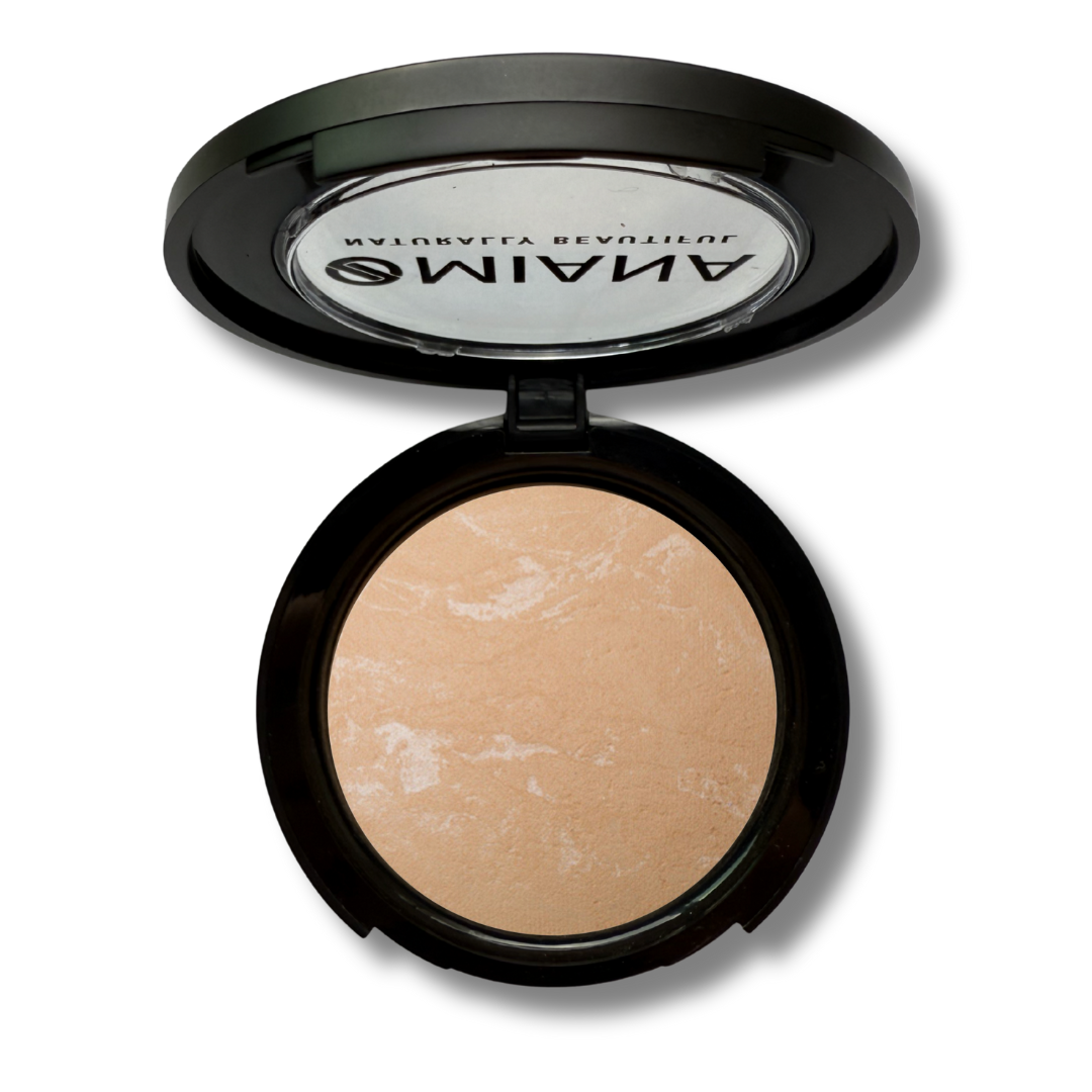 Mineral Makeup compact with beige baked cream powder and visible Omiana brand name on a white background