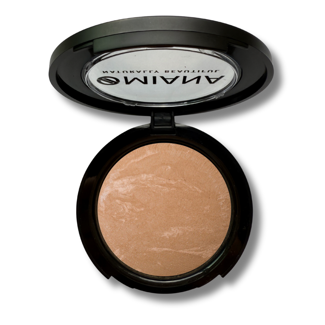 Open Mineral Makeup compact with beige baked cream powder and visible Omiana brand name on a white background
