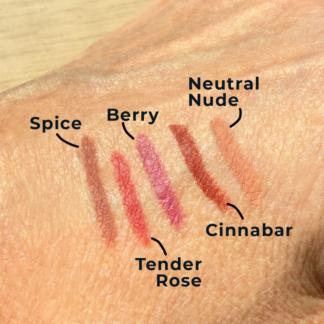 Lipliner pencil swatches on a hand
