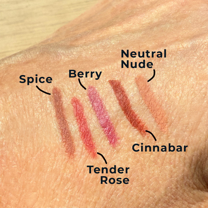 Lipliner pencil swatches on a hand