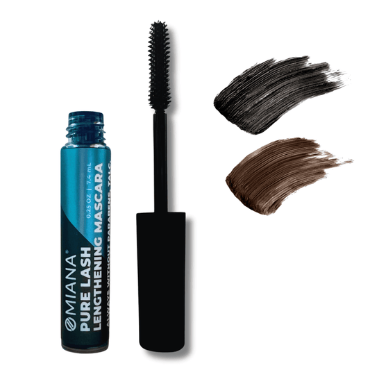 Pure Lash Lengthening Mascara with applicator and color swatch on a white background| Omiana
