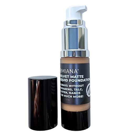 Omiana Velvet Matte Liquid Foundation with pump and swatch on white background